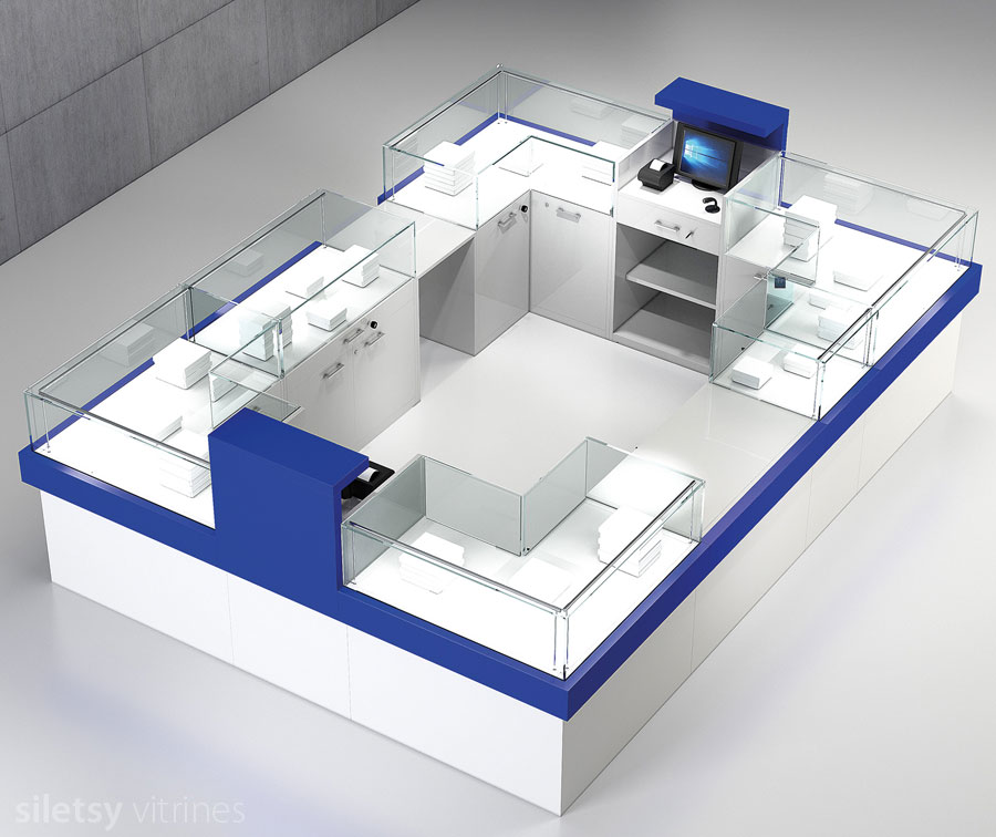 Vitrine-toonbank opstelling 350x250x120cm